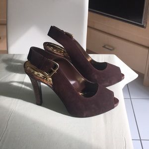 Peep toe brown suede sling back heels